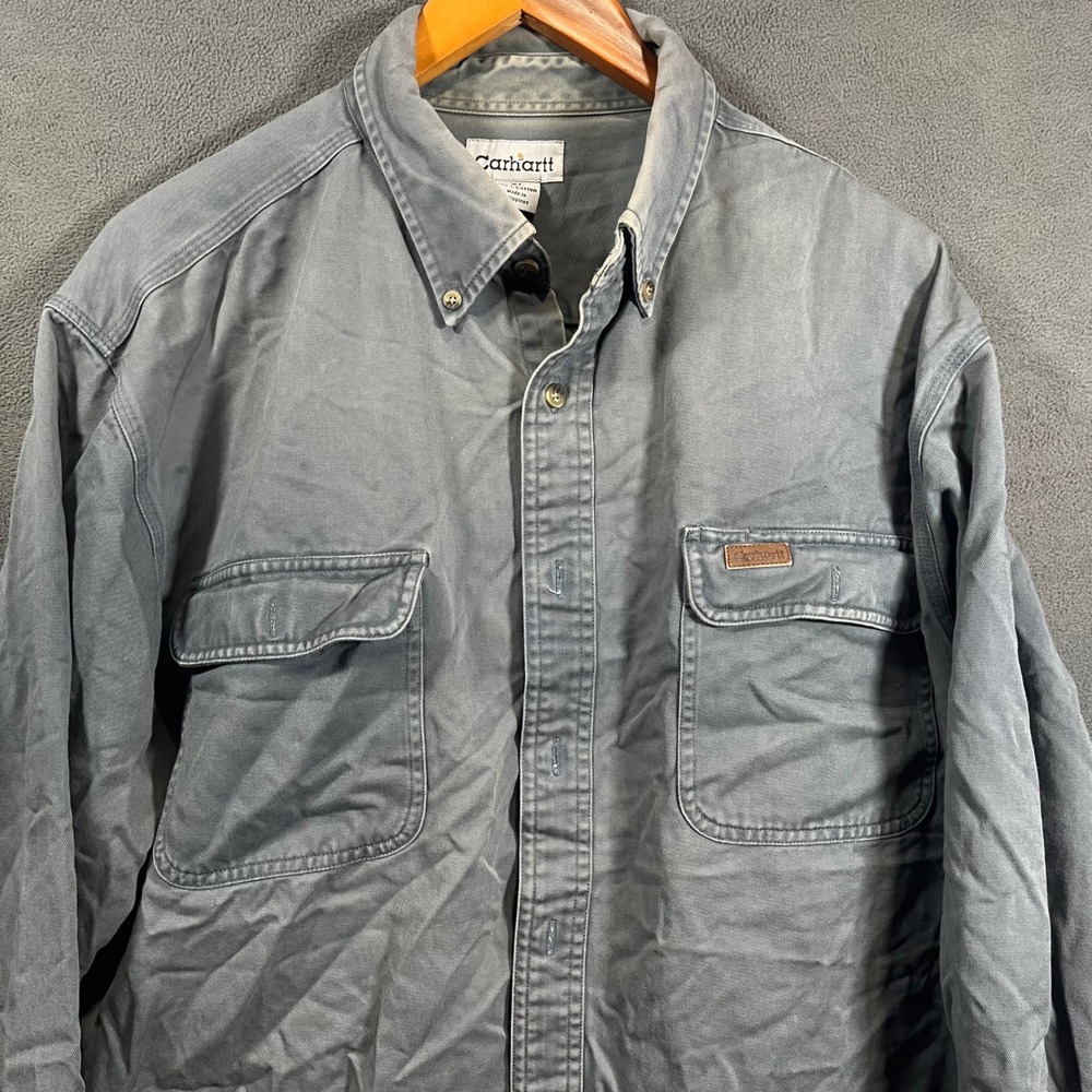 Carhartt Mens XL Long Sleeve Button Down Work Shirt Blue Gray Cotton Twill